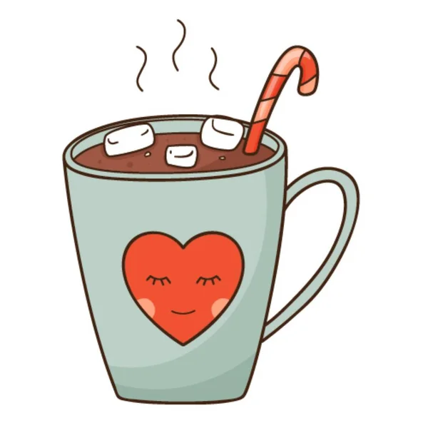Bir Fincan Sıcak Kakao Marşmelov Şeker Kamışı Sıcak Canlandırıcı Sabah — Stok Vektör