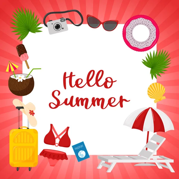 Square Postcard Red Striped Frame Words Hello Summer Summer Decorative — 스톡 벡터
