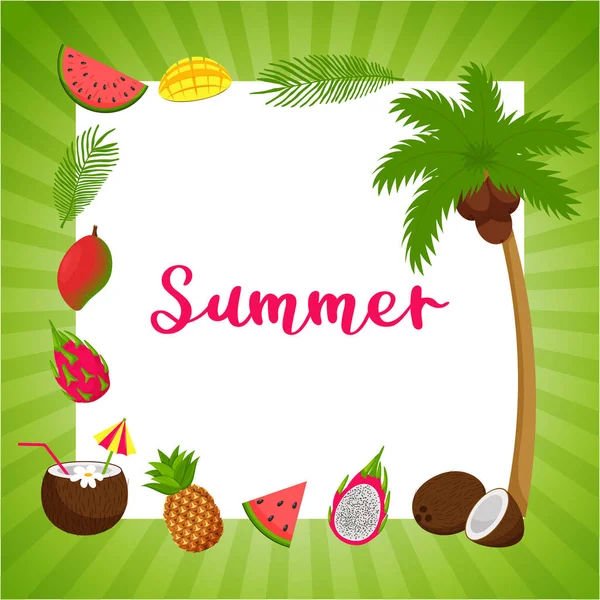 一张有绿色条纹框和夏天字样的正方形明信片 采购产品夏季装饰元素 热带水果和棕榈叶 矢量图解 — 图库矢量图片