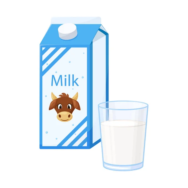 ラベルに牛と牛乳で閉じられた紙の箱 生乳付きのクリアガラスグラス 乳製品 白い背景に独立したカラーベクトルイラスト — ストックベクタ