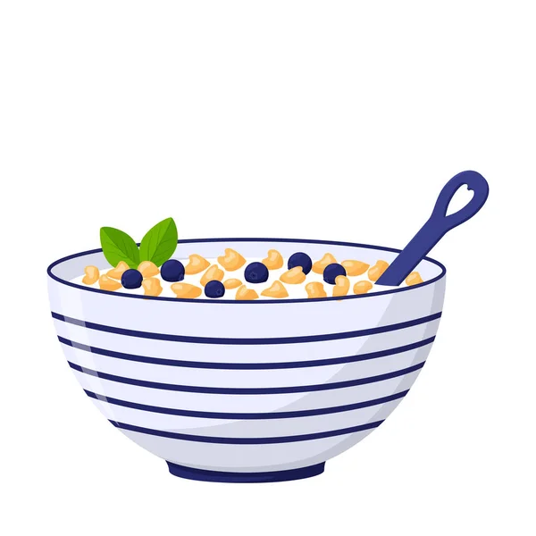 Bol Profond Avec Porridge Des Flocons Avoine Des Bleuets Petit — Image vectorielle