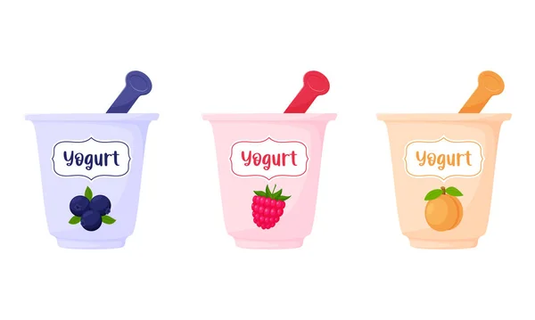 Yogur Una Taza Con Una Cuchara Arándano Frambuesa Melocotón Yogur — Vector de stock