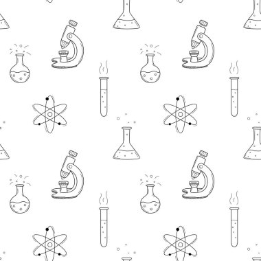 Okulun basit, pürüzsüz desenli matarası, deney tüpü, mikroskop, atom modeli. Kimya, bilim. İzole edilmiş el çizimi ana hatları olan siyah beyaz bir zemin. Vektör