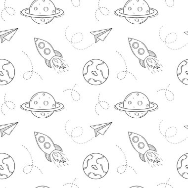 Uzay nesneleri, roket, uçak, hava yolu, gezegen, dünya, satürasyon. El yapımı taslak elementler. Tek renkli tasarım. Beyaz arkaplanda siyah ve beyaz vektör çizimi