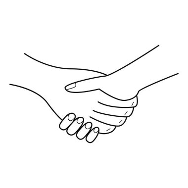 El, elini sıkar. El sıkışma hareketi. Bir sözleşmenin, anlaşmanın, anlaşmanın, anlaşmanın, selamlaşmanın sembolü. Elle çizilmiş siyah-beyaz vektör çizimi. Beyaz bir arkaplanda izole edilmiş.