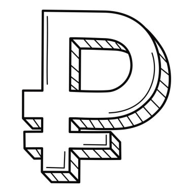 Rublonun üç boyutlu sembolü. Rus para birimi. Doğrusal simge, imzala. Elle çizilmiş siyah-beyaz vektör çizimi. Beyaz bir arkaplanda izole edilmiş.