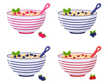 A set of bowls of cereal, corn flakes with berries, raspberries, blueberries, cranberries, blackberries. Healthy breakfast, oatmeal porridge. Flat cartoon style, isolated on a white background