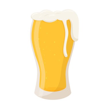 Açık sarı bira dolu berrak bir bardak. Az alkollü bir içecek. Düz çizgi film biçimi, beyaz bir arkaplanda izole edilmiş. Renk vektörü illüstrasyonu.