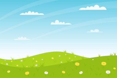 Horizontal summer landscape. A field, glade with whitw and yellow flowers, hills. Clear weather. Color vector illustration. Nature background with empty space for text,