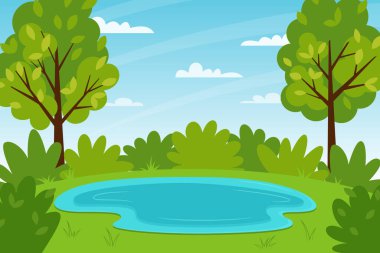 Horizontal summer forest landscape. A forest with trees, bushes, and a lake. Clear weather. Color vector illustration. Nature background with empty space for text.