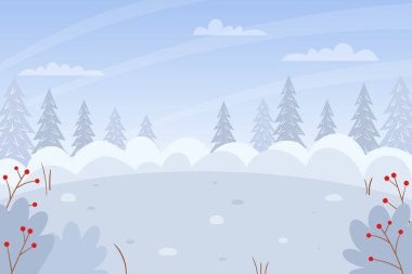 Yatay kış, karlı manzara. Kar yığınları, çalılar, kardaki köknar ağaçları, karla kaplı çalılar. Renkli vektör çizimi. Metin için boş alanı olan doğa arkaplanı.