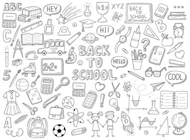 Okula geri dönen karalama taslak simgeleri. Okul eşyaları, malzemeler, kırtasiye malzemeleri, elle çizilmiş siyah-beyaz vektör çizimi. Tasarım ögeleri beyaz arkaplanda izole edilir.