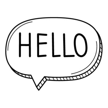 A speech bubble with the word Hello in the doodle style. Hand-drawn black and white vector illustration. Design elements are isolated on a white background.
