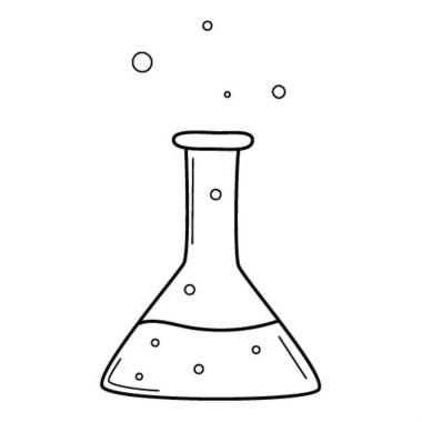 A test tube with liquid. Chemical equipment. Doodle outline style. Hand-drawn black and white vector illustration. The design elements are isolated on a white background