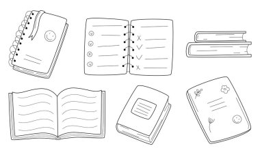 Bir kitap seti, okul alıştırma kitapları, baharda not defterleri. Doodle tarzı. El çizimi siyah-beyaz taslak vektör çizimi. Beyaz bir arkaplanda izole edilmiş