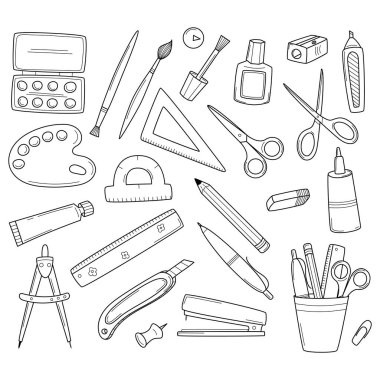 Okul kırtasiyesi ve ofis malzemeleri. Doodle simgesi seti. El yapımı dekoratif elementler. Siyah ve beyaz ana hatlı vektör çizimi. Beyaz bir arkaplanda izole edilmiş