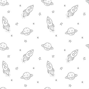 Basit, pürüzsüz, uzay gemisi, roket, Satürn gezegeni. İzole edilmiş el çizimi ana hatları olan siyah beyaz bir zemin. Vektör illüstrasyonu