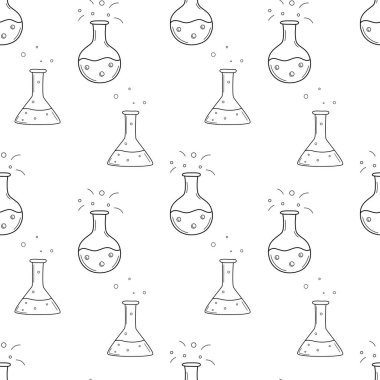 Okulun basit, pürüzsüz desenli matarası, deney tüpü, deney tüpü. Kimya, bilim, araştırma. İzole edilmiş el çizimi ana hatları olan siyah beyaz bir zemin. Vektör illüstrasyonu