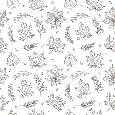 Sonbahar yaprakları ve dallarla kusursuz desen. Akçaağaç, meşe, kestane, kavak, huş ağacı. Botanik çizgili tek renkli arkaplan. Beyaz arkaplanda siyah ve beyaz vektör deseni
