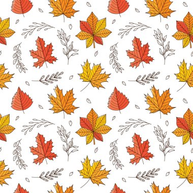 Sonbahar yaprakları ve dallarla kusursuz desen. Akçaağaç, meşe, kestane, kavak, huş ağacı. Renkli karalama elementleriyle arka plan. Beyaz arkaplanda izole edilmiş parlak renkli vektör deseni