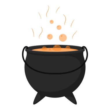 Kaynayan iksirli bir cadı kazanı. Cadılar Bayramı. Düz çizgi film biçimi.