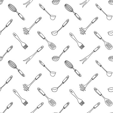 Mutfak aletleri, spatula, kepçe, fırça, çırpma, çatal, monokrom arkaplan ve basit el çizimi çizimi karalama elemanları. Beyaz arkaplanda siyah ve beyaz vektör deseni