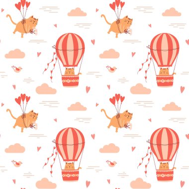 Seamless pattern with cute cats flying on balloons and in a hot air balloon. Perfect for design for Valentine's day, birthday packaging. Vector illustrations on a white background