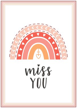 Sevgililer günü kartında kırmızı ve pembe renkli bir gökkuşağı, bir desen, bir kalp ve el yazısıyla 