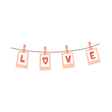 String with flags with the word Love. Cards with letters on clothespins. A decorative element for Valentine's Day. Simple flat color vector illustration isolated on white background