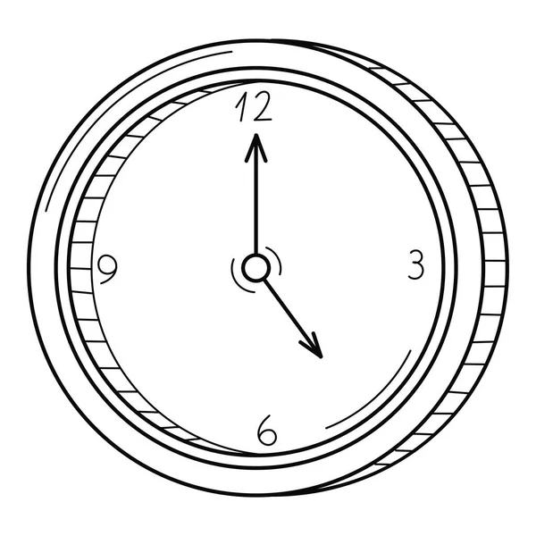 机械手模拟圆形壁钟 直线图标 手绘黑白矢量图解 被白色背景隔离 — 图库矢量图片