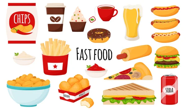 Coleta Fast Food Conjunto Alimentos Gordurosos Ricos Calorias Nocivos Hambúrguer —  Vetores de Stock