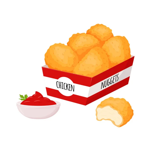 鸡块放在一个盒子和一个装有番茄酱和香草的碗里 高热量的食物 平坦的卡通风格 孤立在白色的背景上 — 图库矢量图片