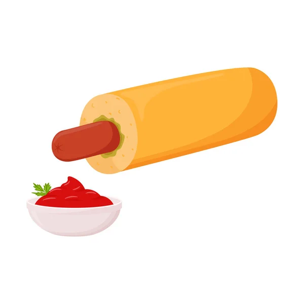 ソーセージにケチャップソースをかけたホットドッグ フランス犬 パンのソーセージ ファーストフード 脂肪質 高カロリー食品 白に隔離されたフラット漫画スタイル カラーベクトルイラスト — ストックベクタ