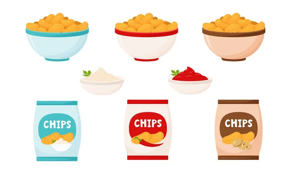Set Chips Package Bowl Chips Sour Cream Mushrooms Chili Pepper — Stock vektor