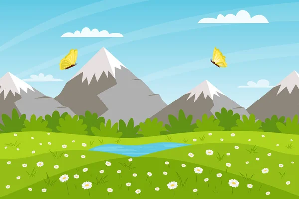 Summer Nature Landscape Mountain Lake Glade Daisies Field Flowers Mountains — Image vectorielle