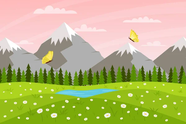 Horizontal spring summer landscape. Sunset sky. Mountains, lake, forest, flying butterflies. Clear weather. Color vector illustration. Nature background with empty space for text.