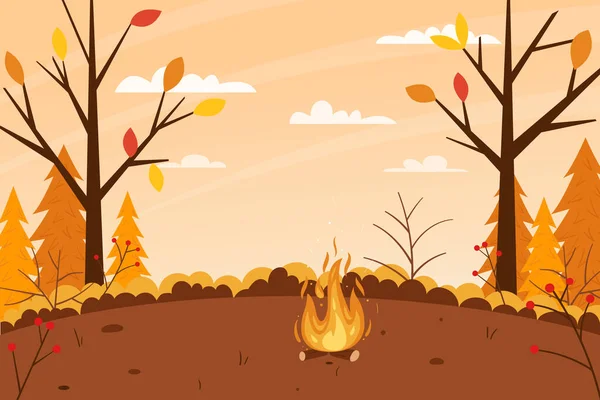 Horizontal Autumn Landscape Forest Bare Trees Fire Burning Picnic Area — Image vectorielle