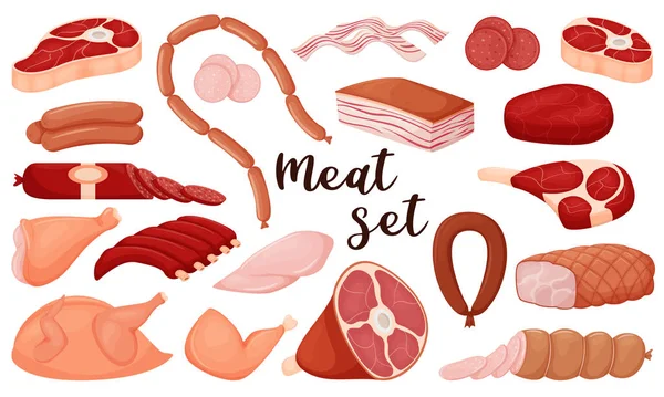 Eine Reihe Von Rohen Fleischgerichten Fleisch Huhn Schmalz Wurst Eine — Stockvektor