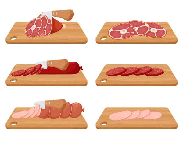 Slicing Pork Knuckle Boiled Smoked Sausage Knife Cuts Meat Wooden — Vector de stock