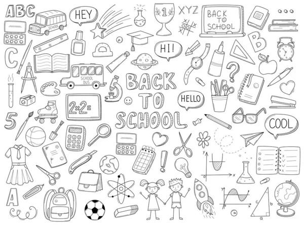 Ensemble Icônes Doodle Contour Retour École Articles Scolaires Fournitures Papeterie — Image vectorielle