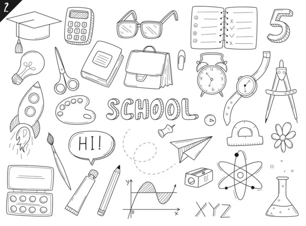 Sada Načmáraných Ikon Zpět Školy Školní Potřeby Potřeby Šablony Ručně — Stockový vektor