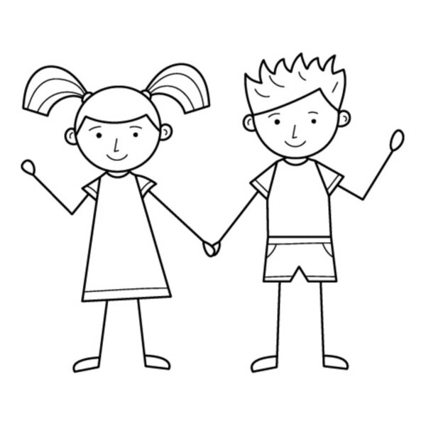 A boy and a girl hold hands. Cute characters. A linear drawing by hand. Black and white simple vector illustration, isolated on a white background.Hand drawn.