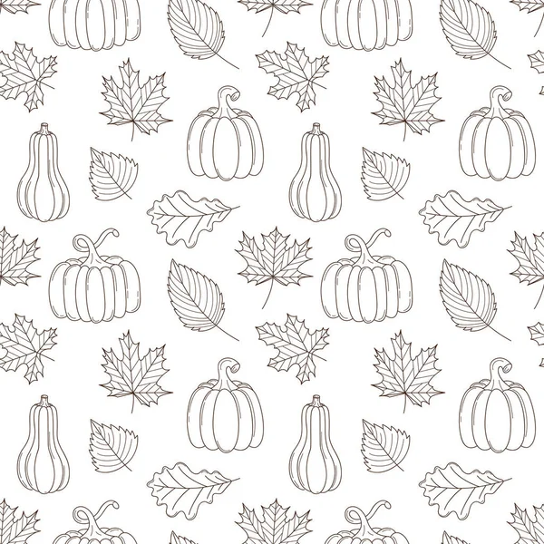 Nahtloses Muster Mit Verschiedenen Herbstblättern Und Kürbissen Herbsternte Erntedank Monochromer — Stockvektor