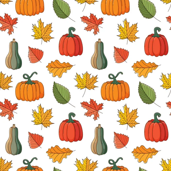 Nahtloses Muster Mit Verschiedenen Herbstblättern Und Kürbissen Herbsternte Erntedank Hintergrund — Stockvektor