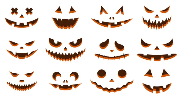Funny Physiognomies Collection Halloween Pumpkins Carved Silhouettes Faces Isolated White — Stock Vector