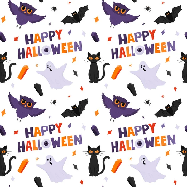 Хэллоуин Безшипный Узор Привидениями Совами Кошкой Словами Happy Halloween Плоские — стоковый вектор