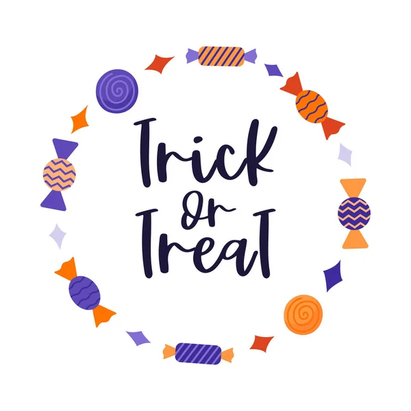 stock vector A round frame with wrapped sweets. Hand lettering-trick or treat. Halloween decoration. Color flat cartoon vector illustration on a purple background