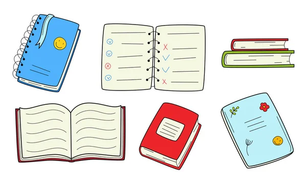 Een Set Boeken Schoolboeken Notitieboekjes Een Veer Doodle Stijl Handgetekende — Stockvector