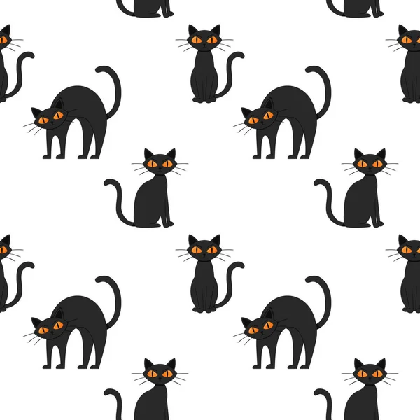 stock vector Seamless pattern with a Halloween black cat with yellow eyes. Flat cartoon cat sits, stands and arched its back. An angry, dissatisfied, frowning animal. Color vector illustration on white background