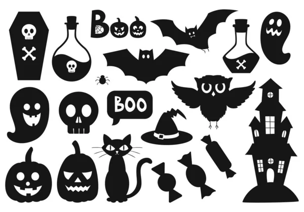Набор Простых Черных Силуэтов Хэллоуина Сова Призрак Летучая Мышь Зелье — стоковый вектор